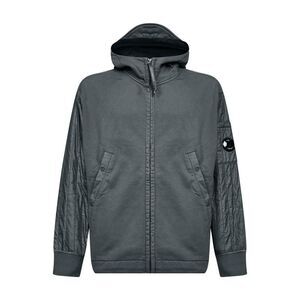 Cp Company Men Grey Diagonal Raised Fleece Mixed Zip-Up Hoodie